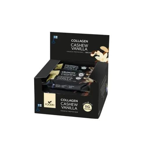 Organic Collagen Protein Bar with Cashew and Vanilla, 50g, pack of 12 from FoodIn by Organax Ltd, showing crunchy texture and packaging
