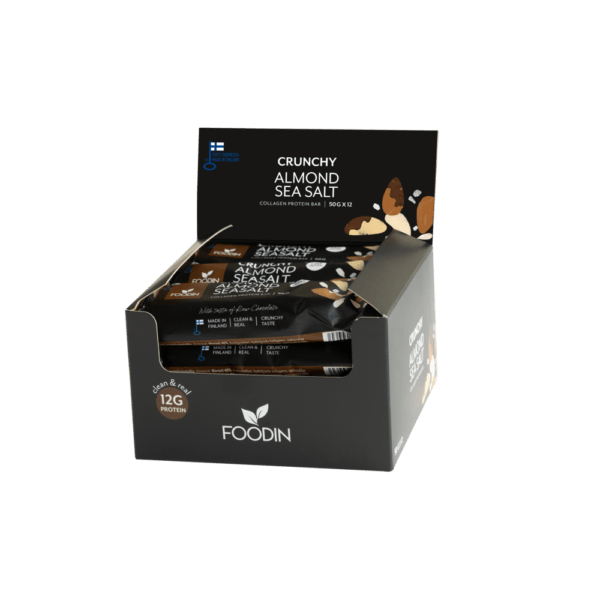 Organic Collagen Protein Bar with almonds and sea salt, 50g, in a 12-pack from Organax Ltd, showing crunchy texture and packaging.