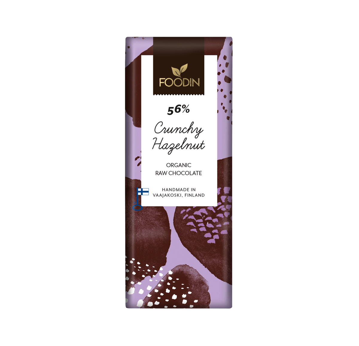 Organic raw chocolate with crunchy hazelnuts from Foodin, 54% cocoa, in a 40g package by Organax Ltd.