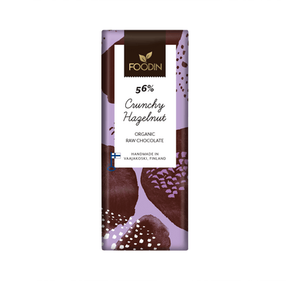 Organic raw chocolate with crunchy hazelnuts from Foodin, 54% cocoa, in a 40g package by Organax Ltd.