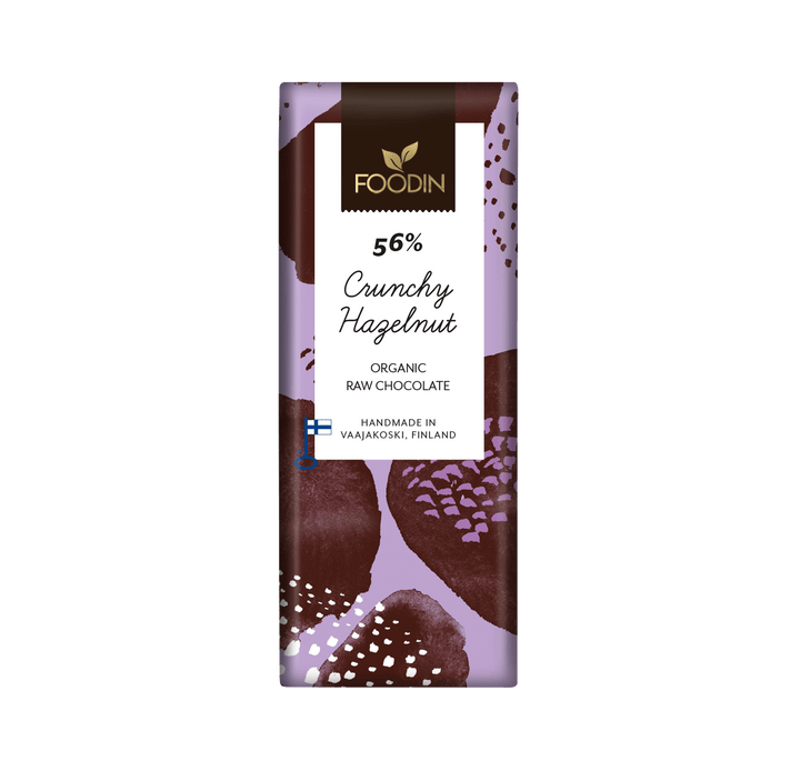 Organic raw chocolate with crunchy hazelnuts from Foodin, 54% cocoa, in a 40g package by Organax Ltd.