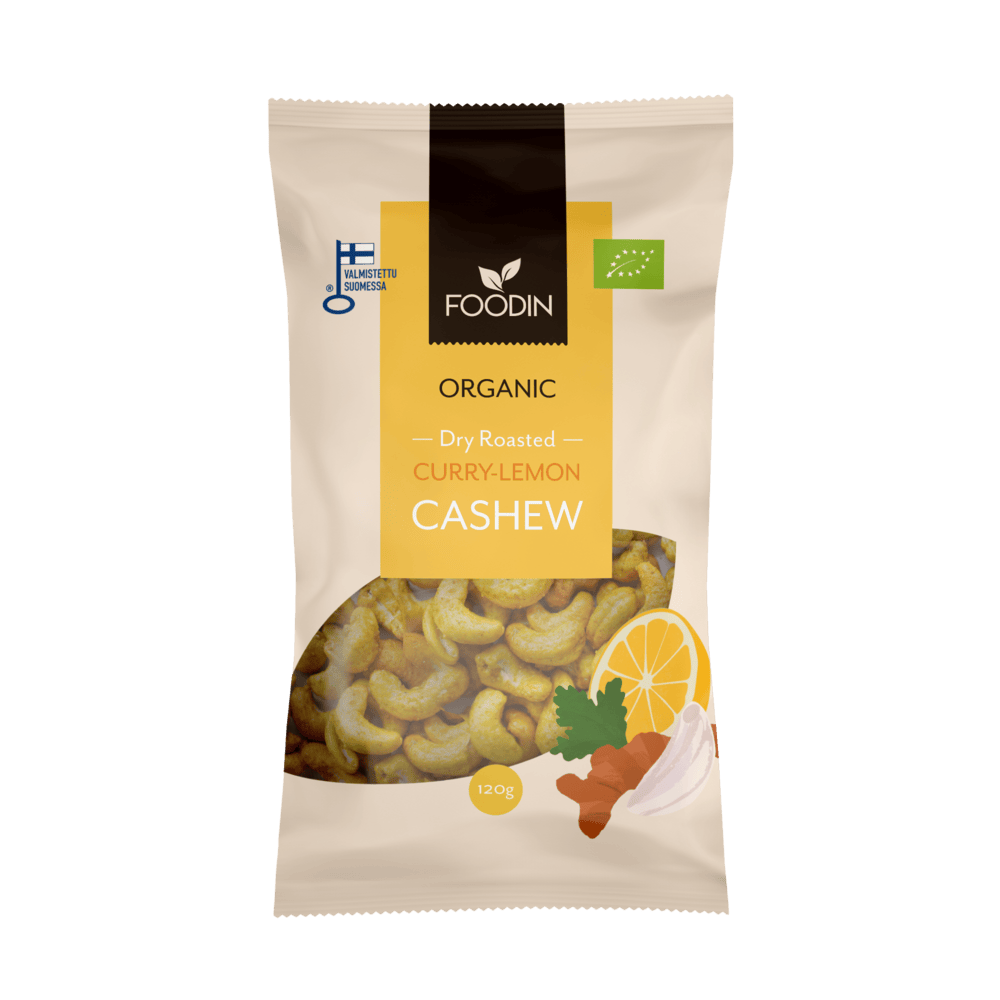 Organic FoodIn Curry-Lemon Cashew snack in a 120g package, featuring a mix of cashews, curry, and lemon flavors from Organax Ltd.