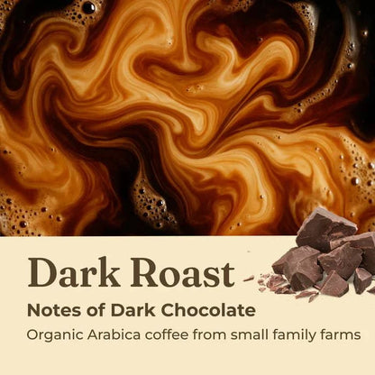 Dark roast coffee with lion's mane mushroom from Four Sigmatic, showcasing the ground beans and rich, aromatic surface.