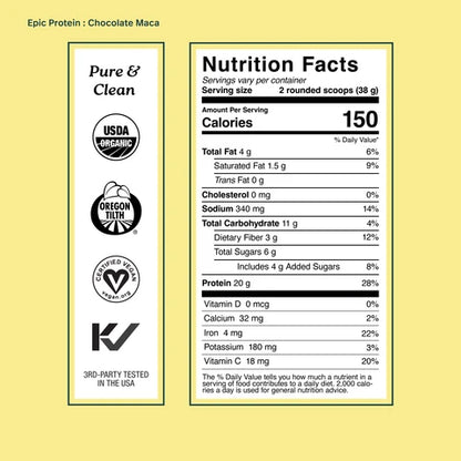 Organic Epic Protein with Superfoods by Organax Ltd, chocolate maca flavor, nutrition facts label on a white background.
