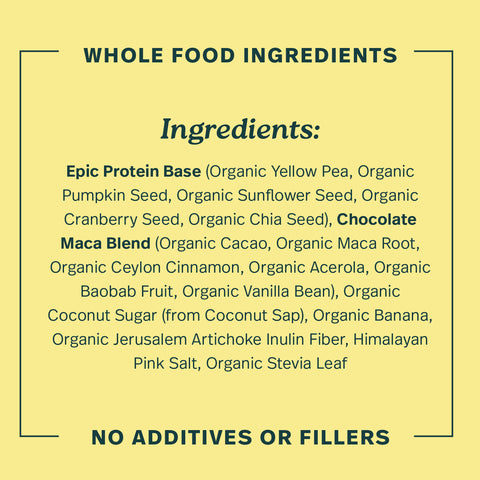 Organic Epic Protein plant-based superfood powder with chocolate maca, 38g packets, featuring ingredients like cacao and maca root.