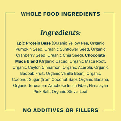 Organic Epic Protein plant-based superfood powder with chocolate maca, 38g packets, featuring ingredients like cacao and maca root.