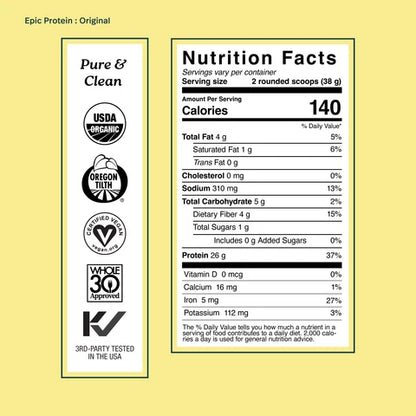 Organic Epic Protein plant and superfoods supplement by Organax Ltd, showing nutrition facts label on the 454g package.