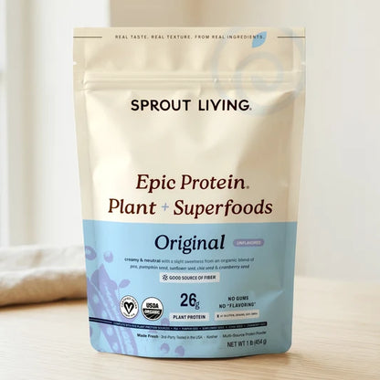 Organic Epic Protein plant-based superfoods blend by Organax Ltd in a 454g package with unflavored original flavor.