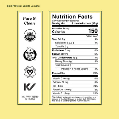 Organic Epic Protein plant and superfoods vanilla lucuma flavor packaging with nutrition facts label from Sprout Living by Organax Ltd.