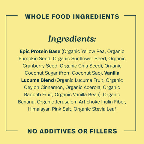 Organic Epic Protein plant-based superfoods powder with vanilla lucuma flavor, shown with ingredients in a natural setting.