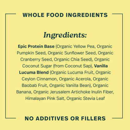 Organic Epic Protein plant-based superfoods powder with vanilla lucuma flavor, shown with ingredients in a natural setting.