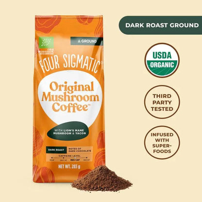 Dark roast ground coffee bag from Four Sigmatic Organic Focus with Lion's Mane, 283g, showing the product packaging and label.
