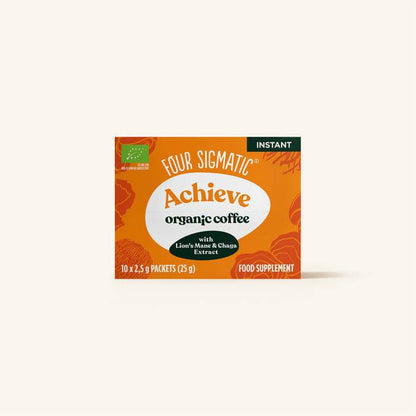 Four Sigmatic Achieve Organic Instant Coffee box with Lion's Mane sachets, featuring packaging and branding from Organax Ltd.