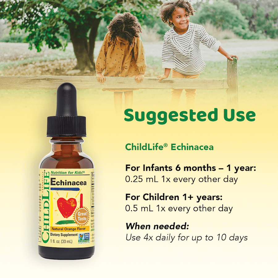 Childlife Essentials Echinacea Orange 30ml glass bottle with orange liquid and label showing product details.