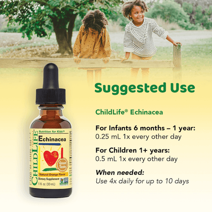 Childlife Essentials Echinacea Orange 30ml glass bottle with orange liquid and label showing product details.