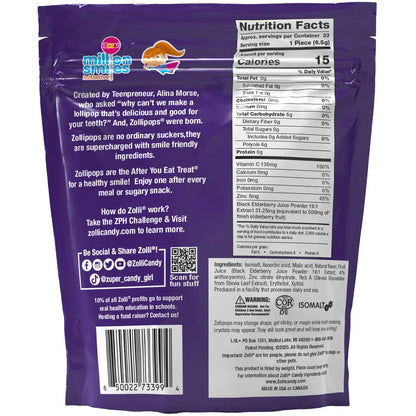 Elderberry Zollipops by Organax Ltd, sugar-free lollipops with vitamin C and zinc, shown in 8oz package, back view.