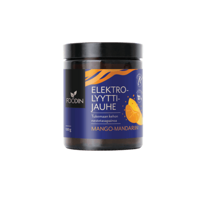Mango-mandarin electrolyte powder from Organax Ltd in a 120g container, showing the colorful mango and mandarin flavor packaging.
