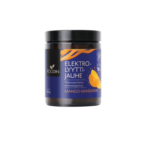 Mango-mandarin electrolyte powder in a 120g container from Organax Ltd, showing the colorful powder and packaging.