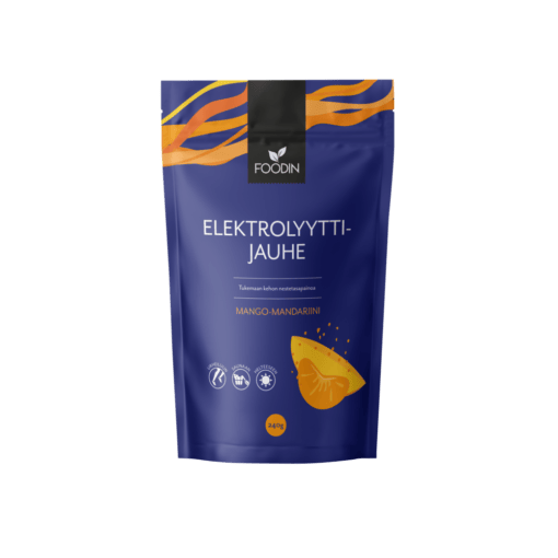 Electrolyte powder in mango-mandarin flavor by Organax Ltd, showing the 240g orange and yellow package.