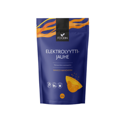 Electrolyte powder in mango-mandarin flavor by Organax Ltd, showing the 240g orange and yellow package.