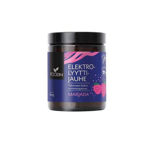 Berry-flavored electrolyte powder in a 120g package by Organax Ltd, showing the colorful berry-flavored powder in a scoop.