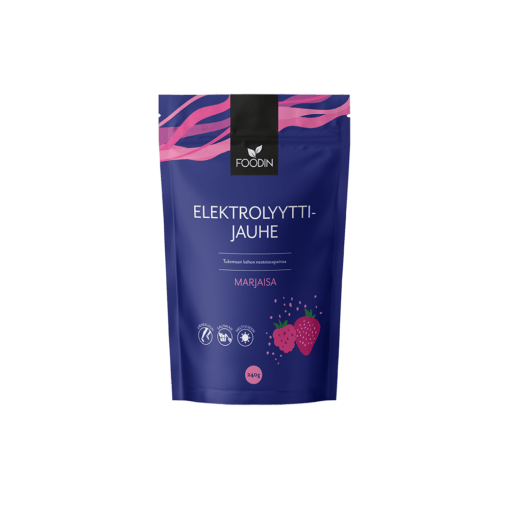 Berry-flavored electrolyte powder by Organax Ltd in a 240g container, featuring vibrant berry ingredients and packaging.