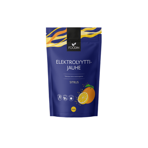 Citrus electrolyte powder in a 240g container from Organax Ltd, showing the colorful citrus-flavored powder and packaging.