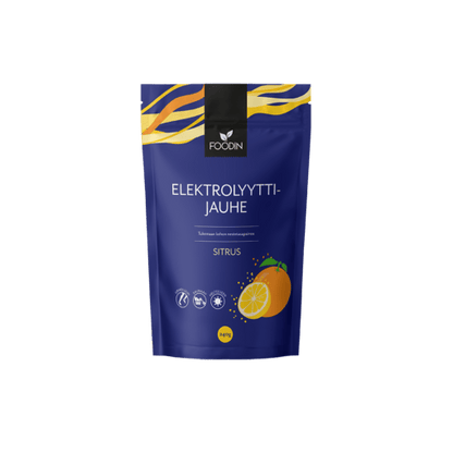 Citrus electrolyte powder in a 240g container from Organax Ltd, showing the colorful citrus-flavored powder and packaging.