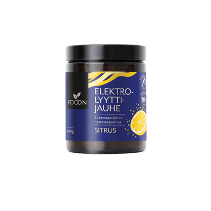 Citrus flavor electrolyte powder in a 120g package by Organax Ltd, showing the orange and lemon flavor powder in a container