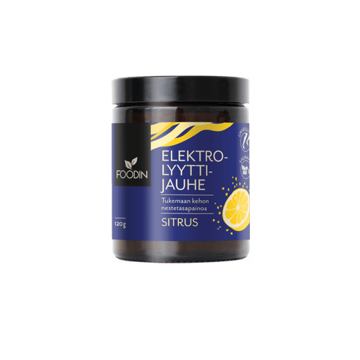 Citrus flavor electrolyte powder in a 120g package by Organax Ltd, showing the orange and lemon flavor powder in a container