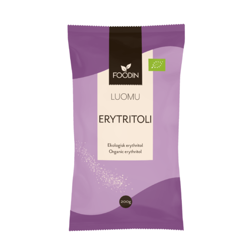 Organic Erythritol 200g from Organax Ltd, white crystalline sweetener in a clear resealable bag.