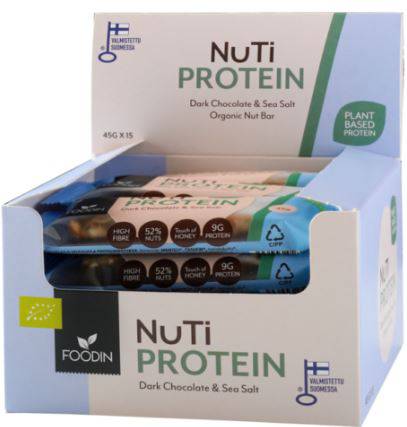 FoodIn Organic NUTI Protein Dark Chocolate & Sea Salt snack bars, 45g each, with chocolate and sea salt topping, in a box of 15.