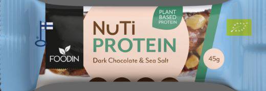 FoodIn Organic NUTI Protein Dark Chocolate and Sea Salt bars by Organax Ltd, 45g each, 15-pack, with dark chocolate and sea salt.