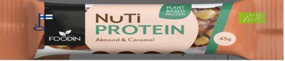 Organic NUTI Protein Almond & Caramel snack bars by Organax Ltd, 45g each, showing almond pieces and caramel coating.