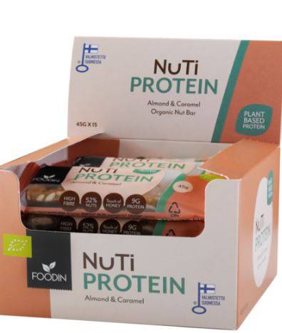 Organic NUTI Protein Almond & Caramel bars by Organax Ltd, 45g each, 15-pack, showing almond and caramel-filled snack bars.