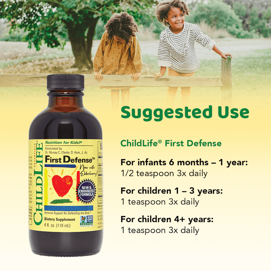 Childlife Essentials First Defense 120ml glass bottle, natural immune support supplement by Organax Ltd, with dropper cap visible.