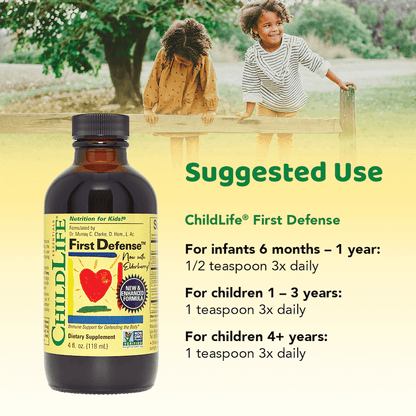 Childlife Essentials First Defense 120ml glass bottle, natural immune support supplement by Organax Ltd, with dropper cap visible.