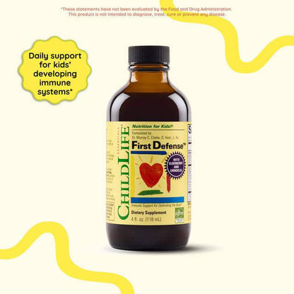 Childlife Essentials First Defense immune support supplement in a 120ml glass bottle, natural ingredients, Organax Ltd.