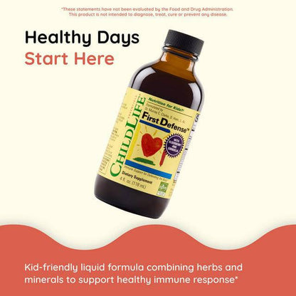Childlife Essentials First Defense 120ml glass bottle, natural supplement by Organax Ltd for immune support.