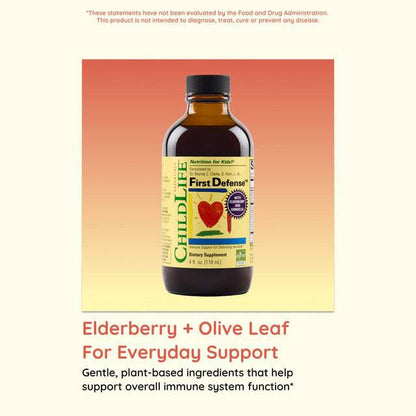 Childlife Essentials First Defense herbal supplement in a 120ml glass bottle, designed for immune support for children.