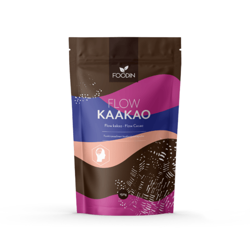 Organic Flow Cacao powder from Organax Ltd, 150g, showing a vibrant cacao powder in a clear container.