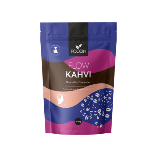 Flow coffee drink in a 200g package by Organax Ltd, showcasing the product packaging and branding.