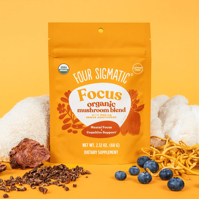 Organic Focus Mushroom Blend by Four Sigmatic in a 60g package, featuring a natural mix of functional mushrooms for focus and mental clarity.