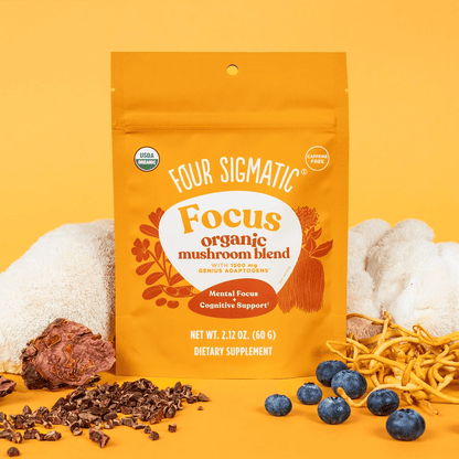 Organic Focus Mushroom Blend by Four Sigmatic in a 60g package, featuring a natural mix of functional mushrooms for focus and mental clarity.