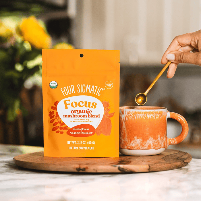 Organic Focus Mushroom Blend by Four Sigmatic in a 60g package, featuring a natural herbal supplement with mushroom extracts.
