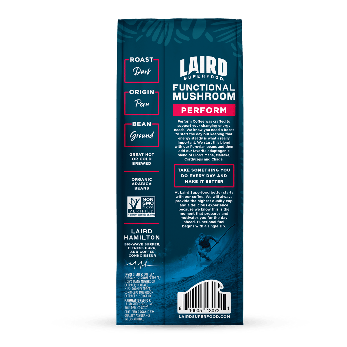 Organic Laird PERFORM functional mushroom coffee in dark roast ground, 340g, with a rich aroma and earthy appearance.