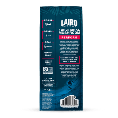 Organic Laird PERFORM functional mushroom coffee in dark roast ground, 340g, with a rich aroma and earthy appearance.