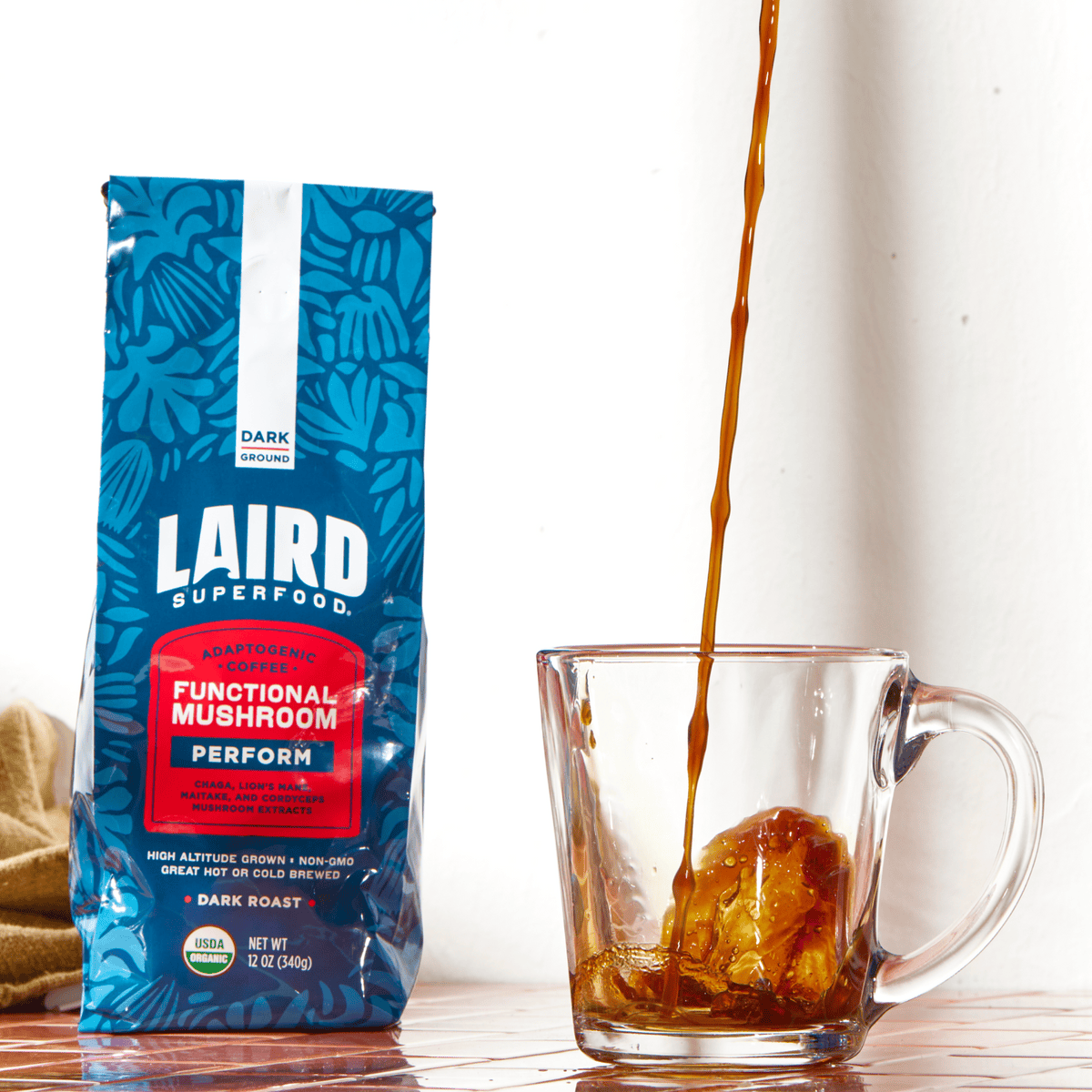 Laird Organic PERFORM mushroom coffee, dark roast, ground, 340g, brewed with functional mushroom blend for energy and focus