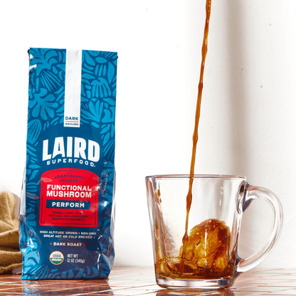 Laird Organic PERFORM mushroom coffee, dark roast, ground, 340g, brewed with functional mushroom blend for energy and focus
