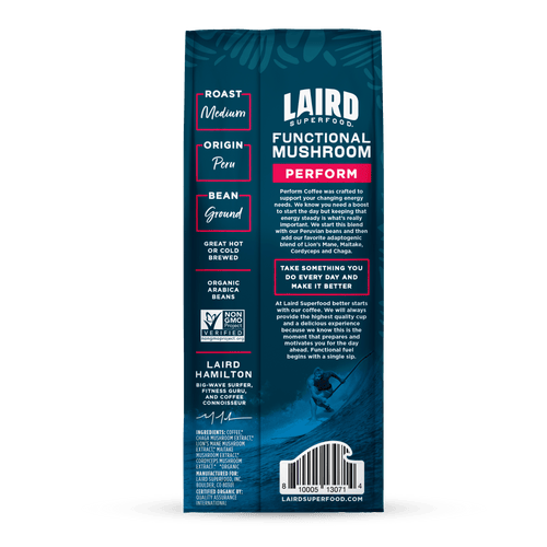 Organic Laird PERFORM functional mushroom coffee, medium roast ground, 340g jar, rich aroma and earthy flavor.